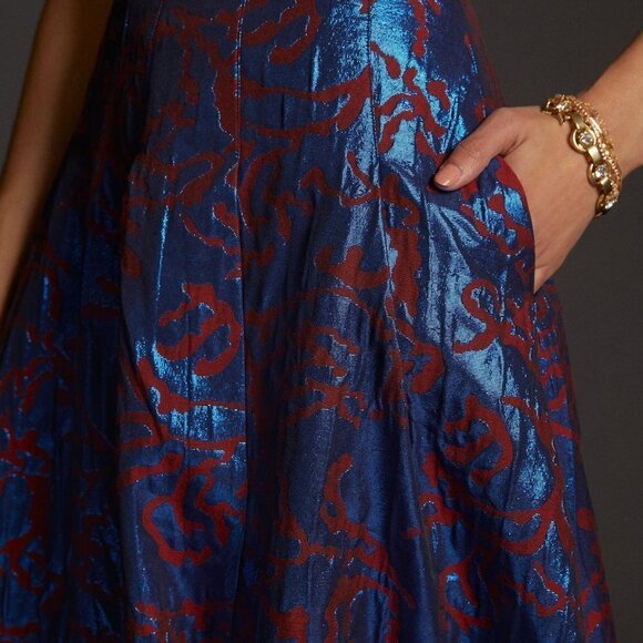 NWOT Maeve Shimmer Pleated Blue Motif Maxi Skirt Size 4 - Picture 4 of 8